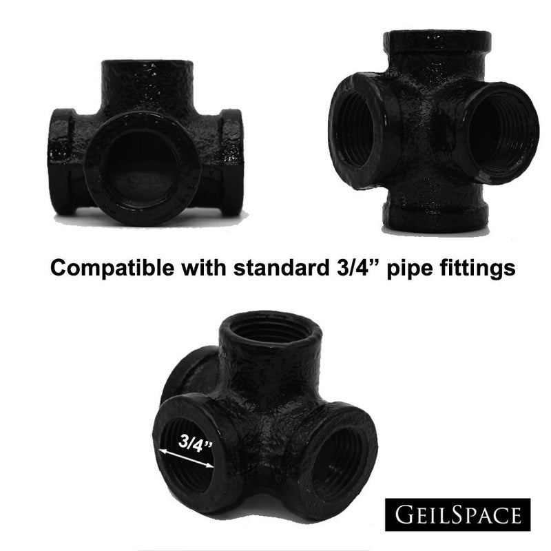 GeilSpace 4-Way, Malleable Iron Pipe Fittings - Vintage DIY Industrial Shelving, Industrial Decor, Furniture DIY (3/4", Black) - Image 2